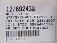 фото thumb №8, Audi a3 8l инжектор дизель 1,9tdi 90km agr 038130079cx 0986441506 bosch