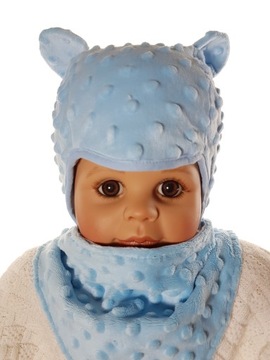 KOMPLET NIEMOWLĘCY MINKY PODWÓJNA CZAPKA MIŚ + CHUSTKA CZAPECZKA 0-3 M-C