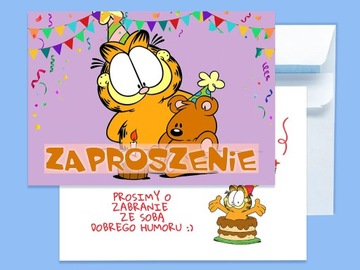 ZAPROSZENIE GARFIELD NA URODZINY DZIECKA + KOPERTA GRATIS JAKOŚĆ