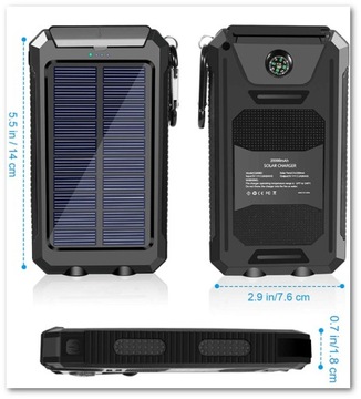 SOLAR POWERBANK 20000MAH 2xUSB КАБЕЛЬ ФОНАРЯ 3в1