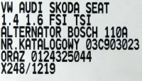Vw polo golf jetta audi a3 генератор bosch 110a 03c903203 1.4 1.6 fsi tsi Зі Шроту, фото thumb