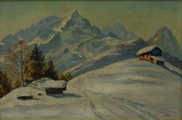 Старая картина Горный зимний пейзаж, подпись Масло 44x35см