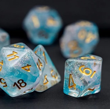 Zestaw 7 Kości Niebieskie Białe Złoty Nadruk D4-20 K20 RPG D&D MTG BG3