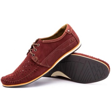 Buty męskie skórzane mokasyny sznurowane na lato ażurowe 875L bordowe 45