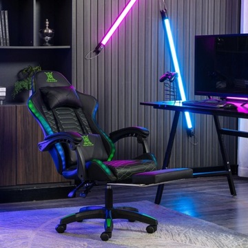 FOTEL GAMINGOWY DLA GRACZA OBROTOWY PODNÓŻEK PODUSZKI RGB LED + PILOT