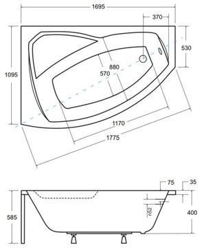 Ванна Besco Rima 170x110 левая + КОРПУС + ПОДГОЛОВНИК + СИСТЕМА