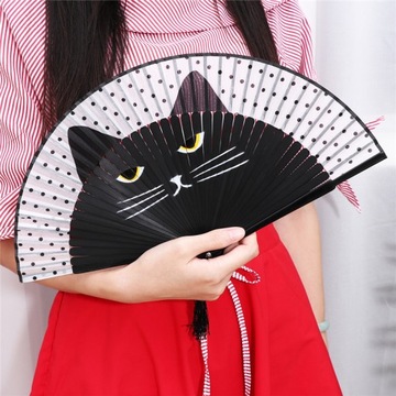 ЛЕТНЯЯ КОШКА ШЕЛКОВЫЙ БАМБУК, РУЧНАЯ РАСКРАШЕННАЯ КАРТОЧКА С КОШКОЙ, СЛОЖЕННАЯ ВЕЕРНАЯ ВЕЧЕРИНКА (B