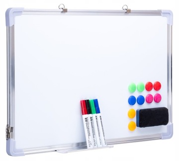 TABLICA suchościeralna MAGNETYCZNA biała DWUSTRONNA 60x40 cm + AKCESORIA
