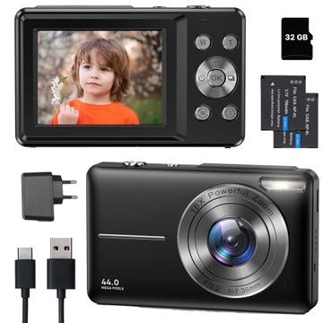 Цифровая камера HD 44 МП с 16-кратным цифровым зумом, встроенной заполняющей вспышкой и 2 батареями