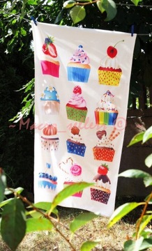 Duży RĘCZNIK PLAŻOWY Pączki MUFFINKI Babeczki BOHO słodycze 140x70 cm