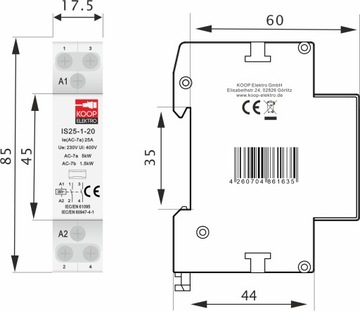 STYCZNIK MODUŁOWY 25-20 230V 25A 1P 2NO 1-FAZOWY ZWIERNY NA SZYNĘ DIN TH35