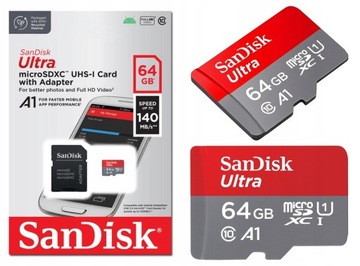 КАРТА SANDISK 64 ГБ SDHC КЛАСС 10 + АДАПТЕР 140 МБ/С