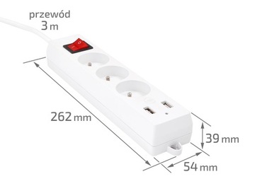 Przedłużacz listwowy listwa 3m 3x Gniazdo + 2x USB Biały