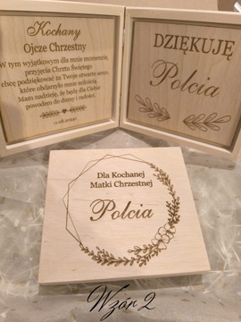 Drewniane personalizowane pudełko Podziękowanie dla chrzestnych 16,5x14,5