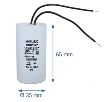Kondensator rozruchowy silnika 12uF 450V MIFLEX MKSP-5P przewody