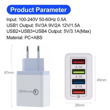 БЫСТРОЕ СЕТЕВОЕ ЗАРЯДНОЕ УСТРОЙСТВО USB QuickCharg 3.0 4xUSB