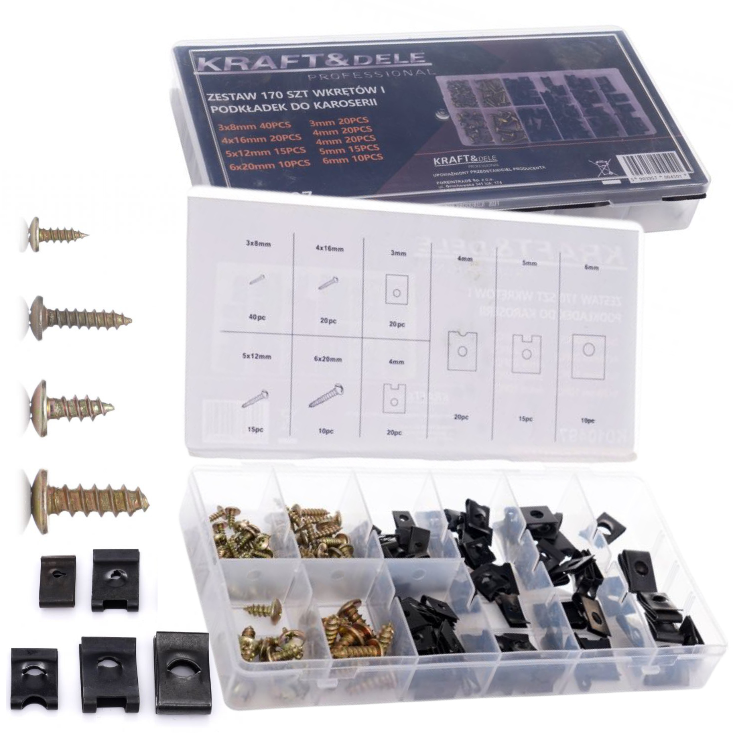 ZESTAW WKRĘTÓW I PODKŁADEK DO KAROSERII 170SZT ORGANIZER SPINKI UCHWYTY