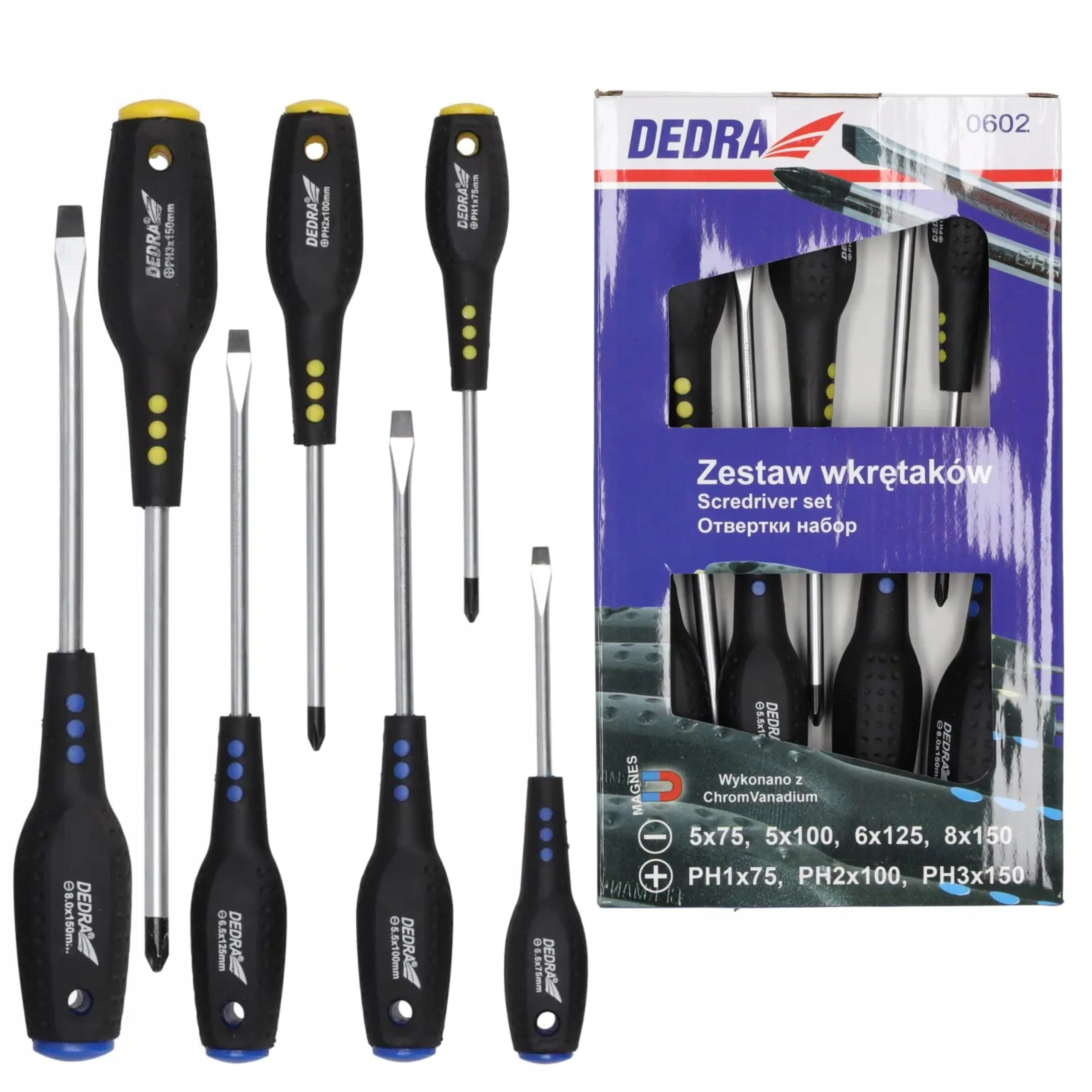 DEDRA ZESTAW 7SZT WKRĘTAKÓW 0602 CRV UCHWYTY GUMOWANE SL PH DED0602