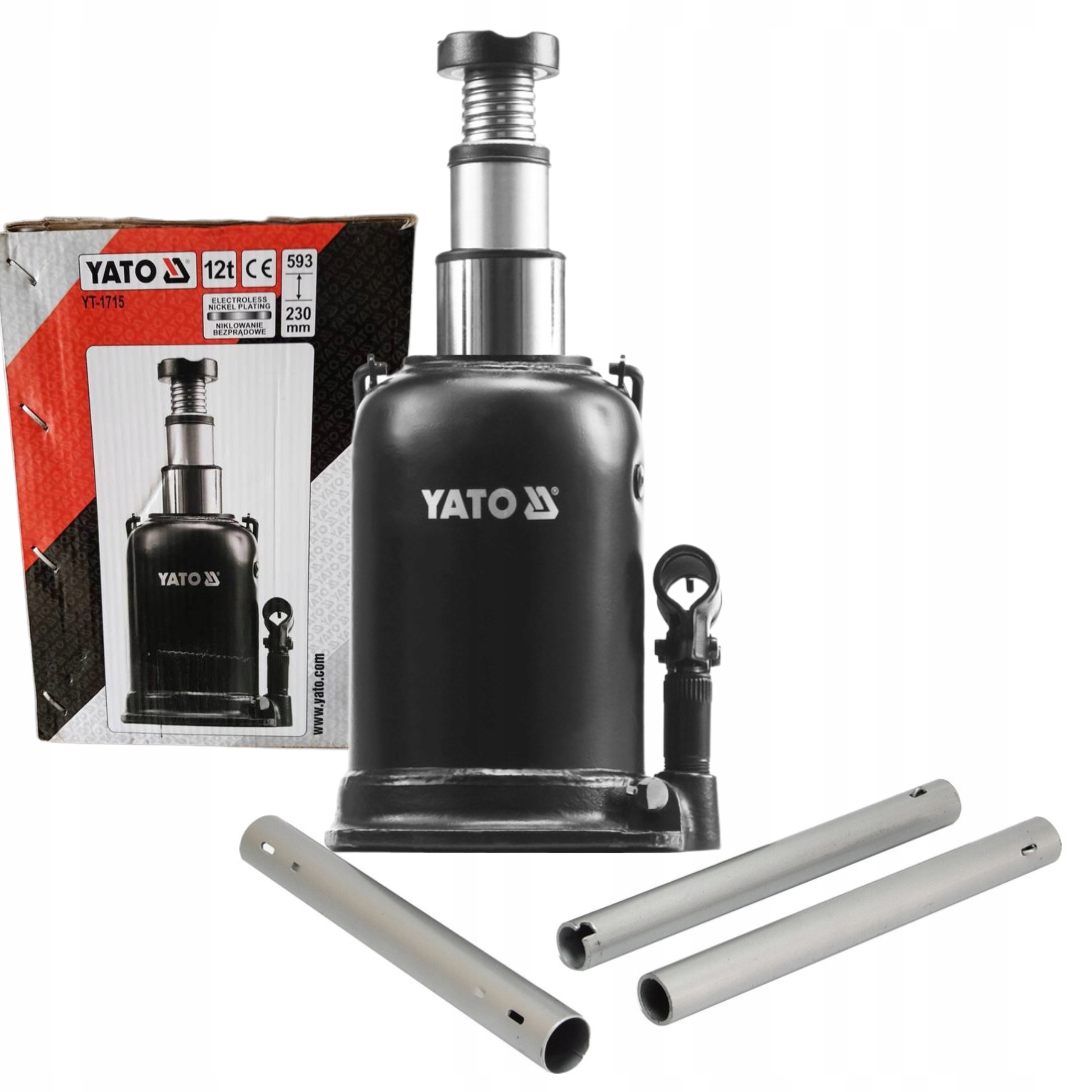 YATO PODNOŚNIK HYDRAULICZNY DWUSTOPNIOWY SŁUPEK BUTELKOWY WYSOKI 12T YT1715