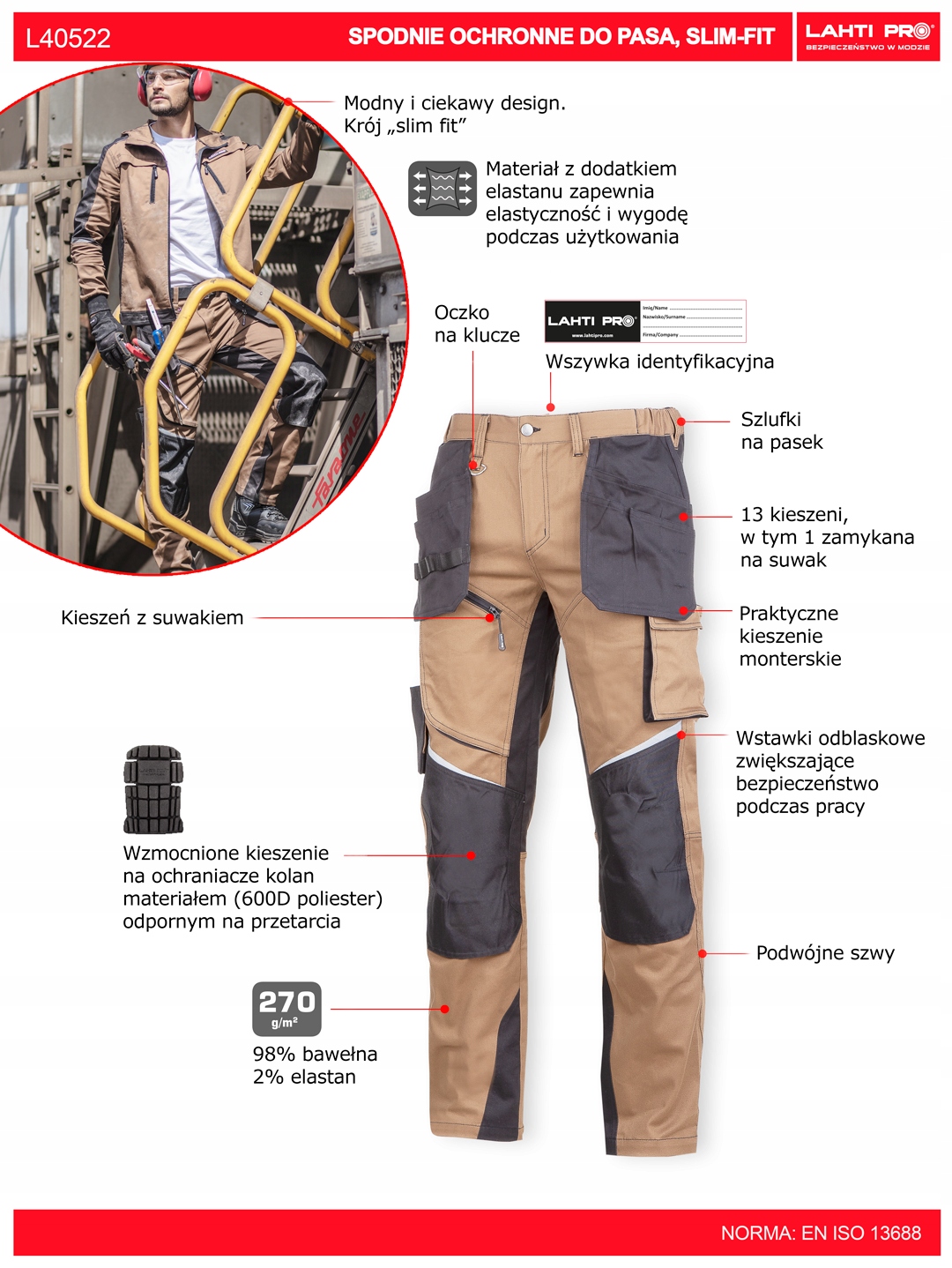 LAHTI PRO SPODNIE OCHRONNE DO PASA SLIM-FIT z ELASTANEM CE BHP ROZ. 3XL