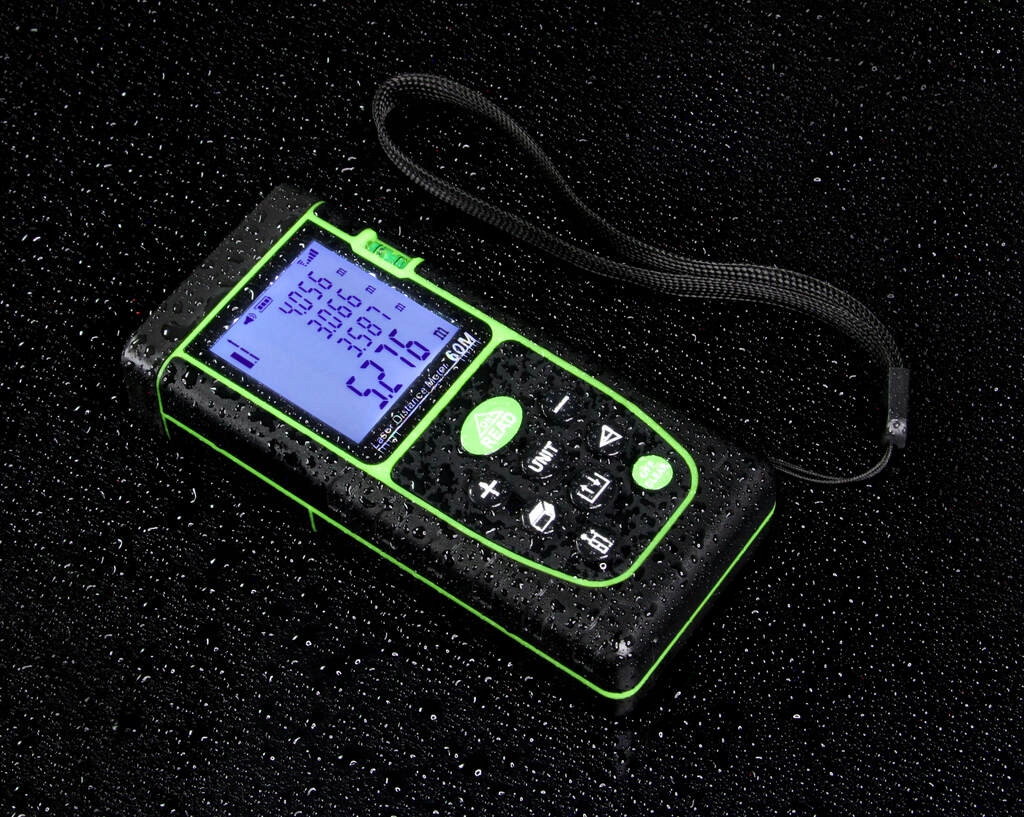 DALMIERZ LASEROWY MIERNIK ODLEGŁOŚCI CYFROWY 60M POZIOMICA WODOODPORNY LCD