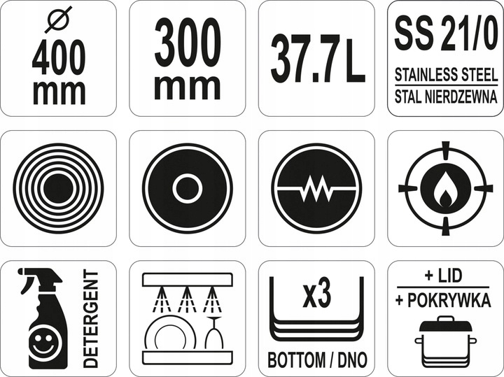 GARNEK ŚREDNI Z POKRYWKĄ ZE STALI NIERDZEWNEJ 40X30CM 37,7L YG-00027