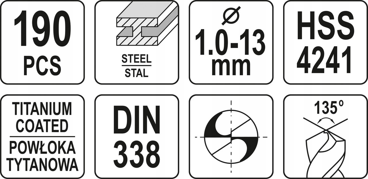 YATO ZESTAW WIERTEŁ STALOWYCH DO METALU 190 SZTUK SZYBKOTNĄCE 1-13MM