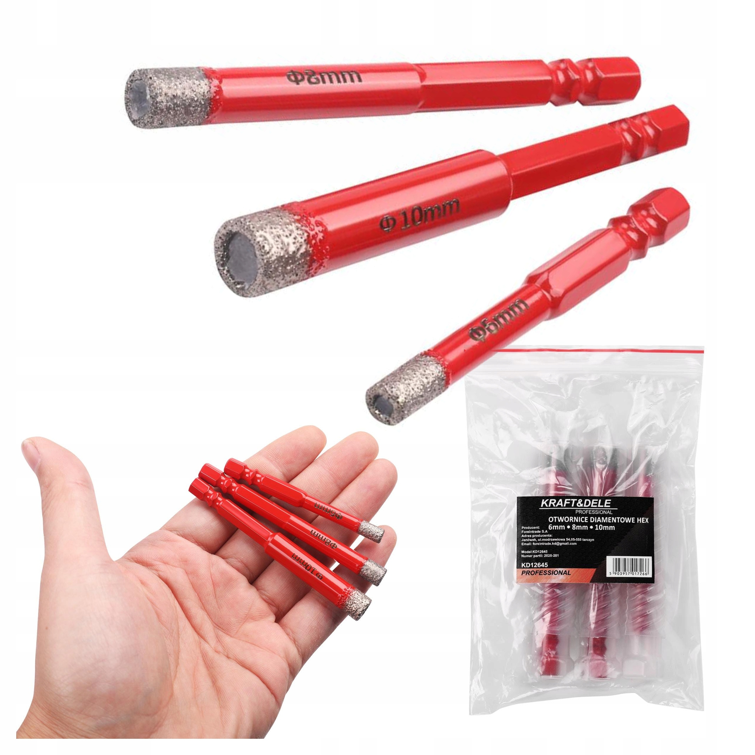 ZESTAW OTWORNIC DIAMENTOWYCH DO GRESU 3 EL HEX 6 8 10 MM Kraft&Dele KD12645