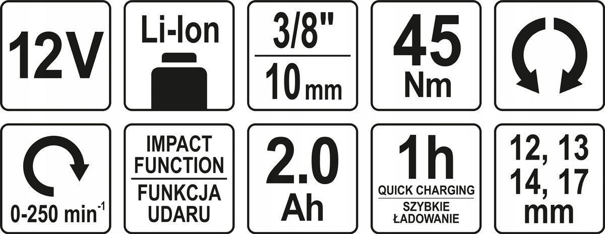 YATO GRZECHOTKA AKUMULATOROWA Udarowa 3/8'' 1/2'' 45Nm 2Ah + 4 NASADKI