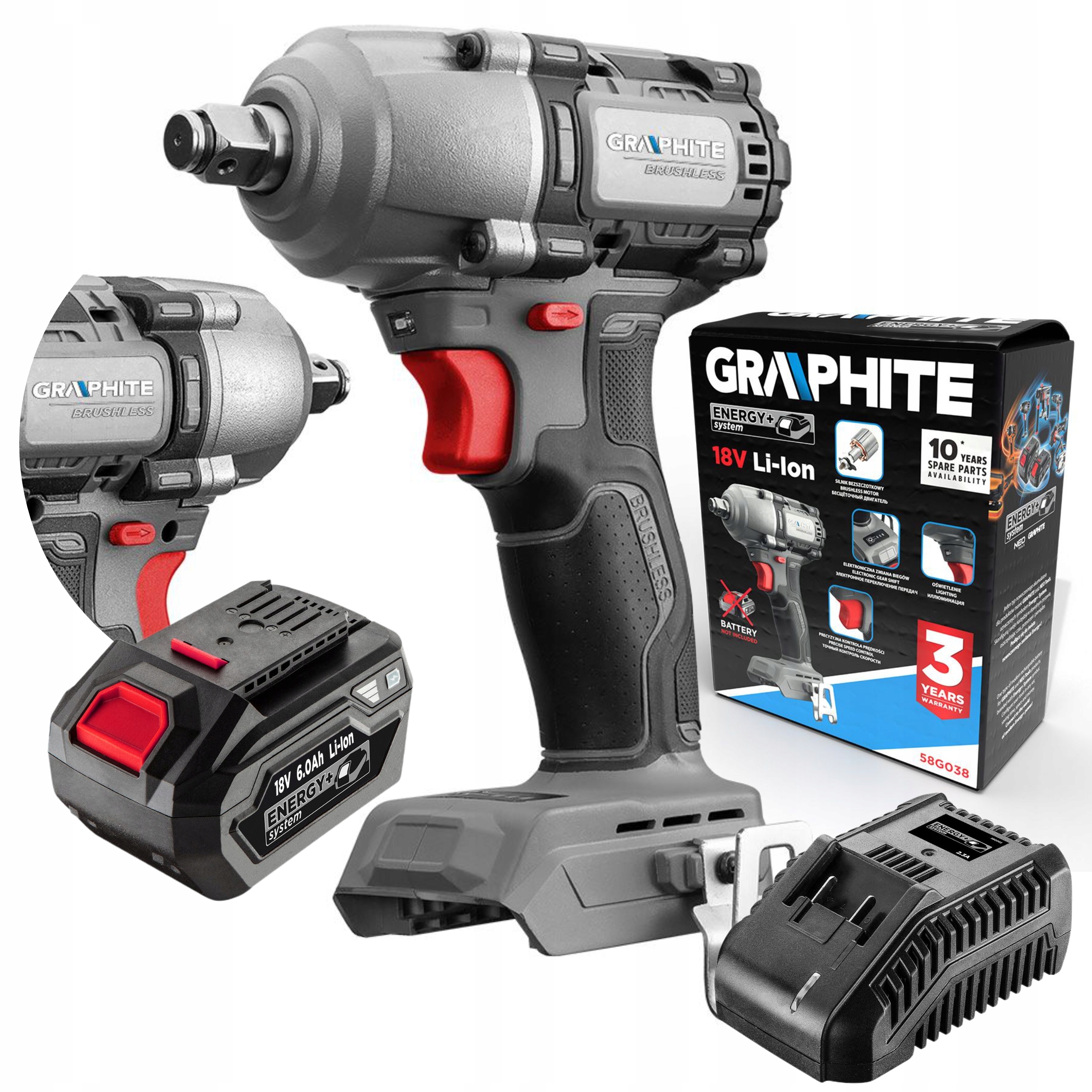 GRAPHITE KLUCZ UDAROWY AKUMULATOROWY 18V BEZSZCZOTKOWY 450Nm 58G038 +6.0Ah