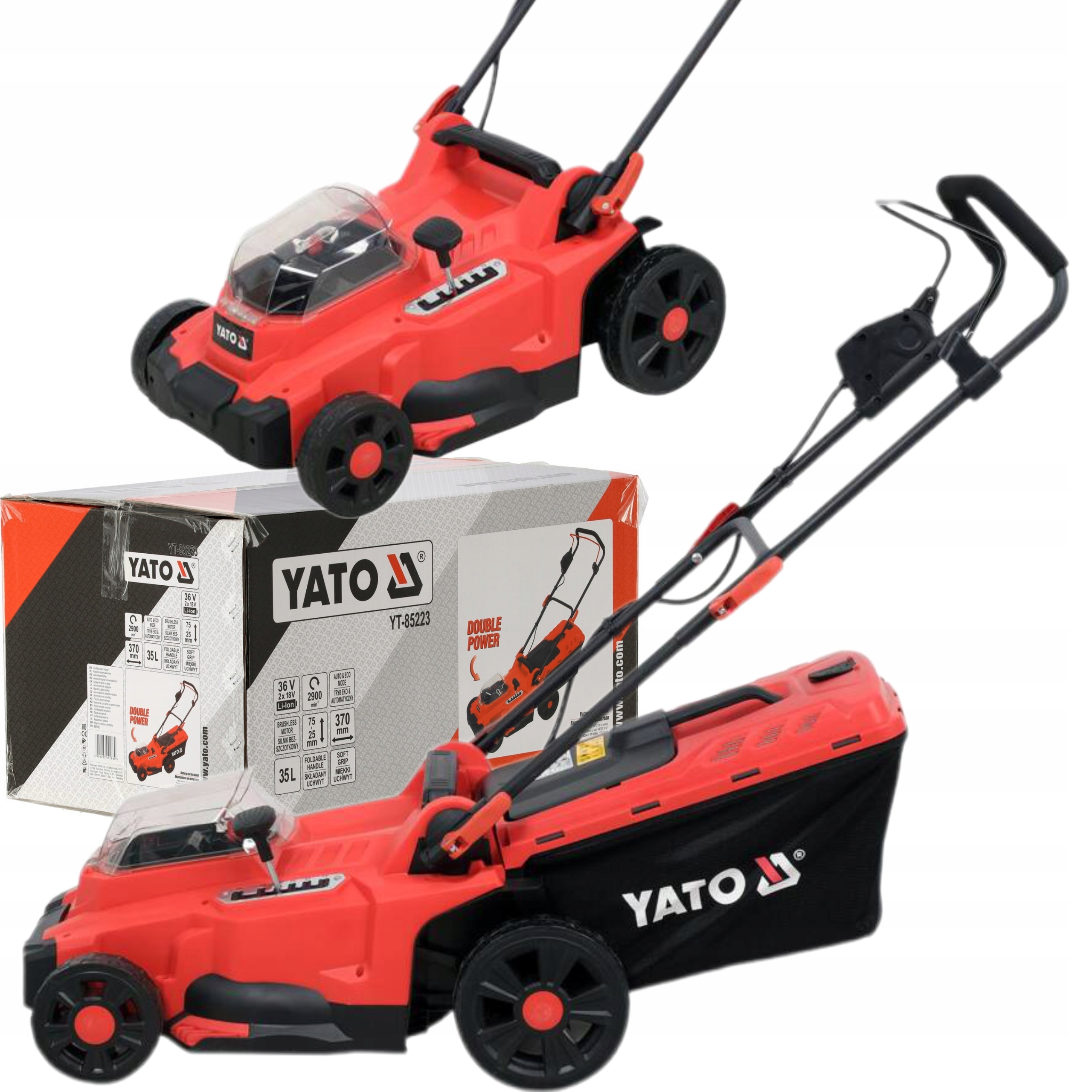 YATO KOSIARKA AKUMULATOROWA BEZSZCZOTKOWA DO TRAWY 18V 2x18V 37CM KOSZ 35L