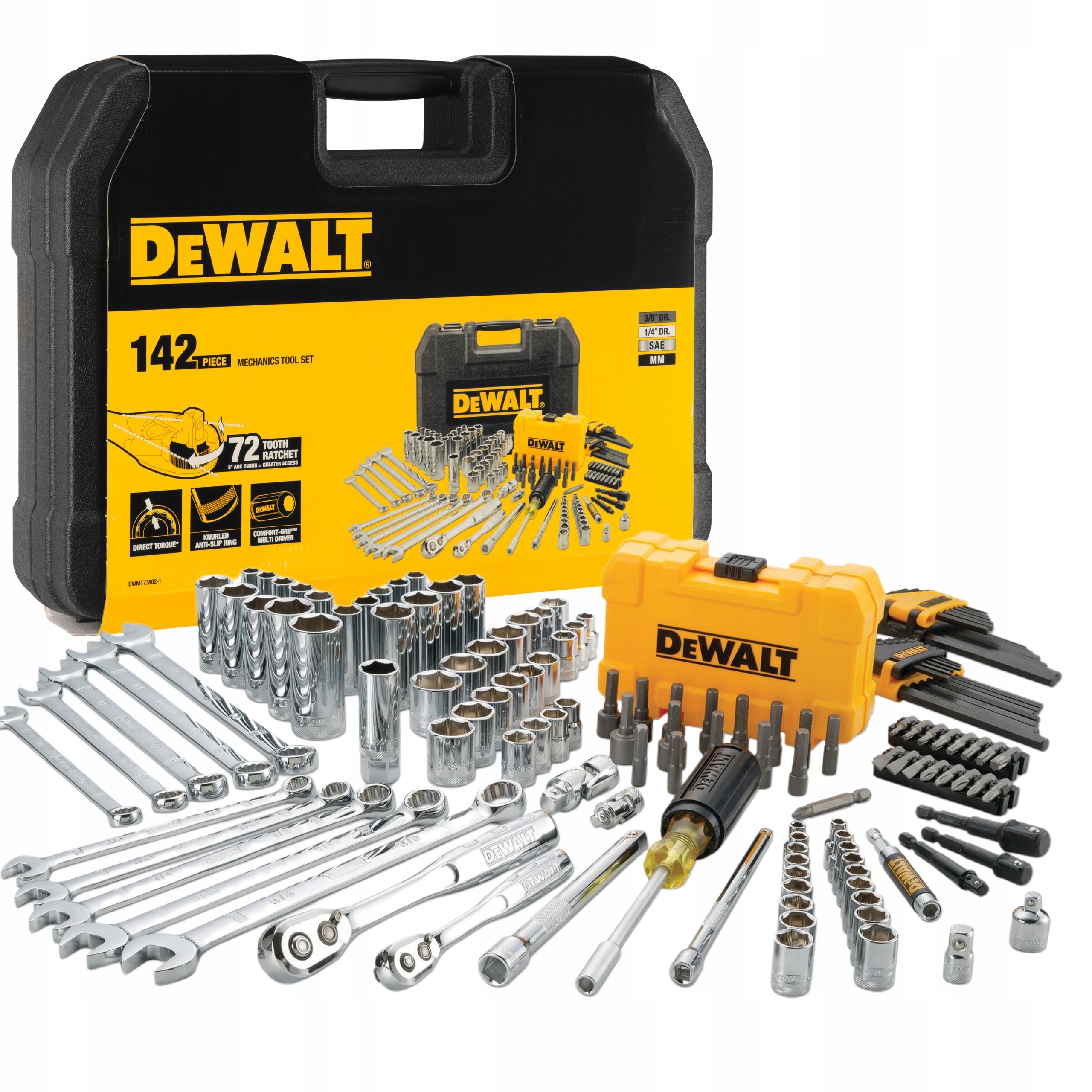 DeWALT ZESTAW NARZĘDZI KLUCZY NASADOWE 1/4 3/8 142el 2 GRZECHOTKI DWMT73802
