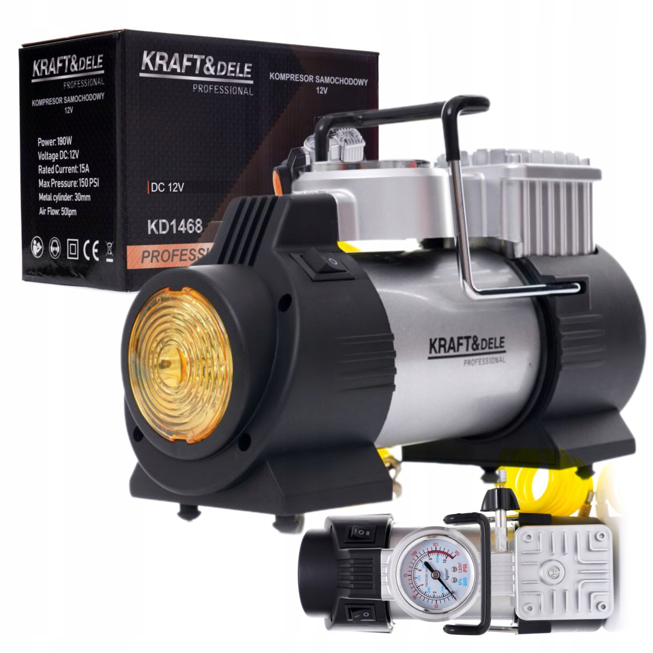 KOMPRESOR SAMOCHODOWY 12V ZAPALNICZKA SPRĘŻARKA MANOMETR ETUI 190W