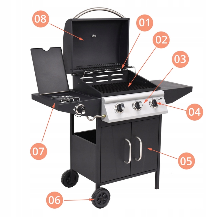 LUND GRILL GAZOWY OGRODOWY Z POKRYWĄ 12,8 kW 4 PALNIKI 2 PÓŁKI SZAFKA 99642