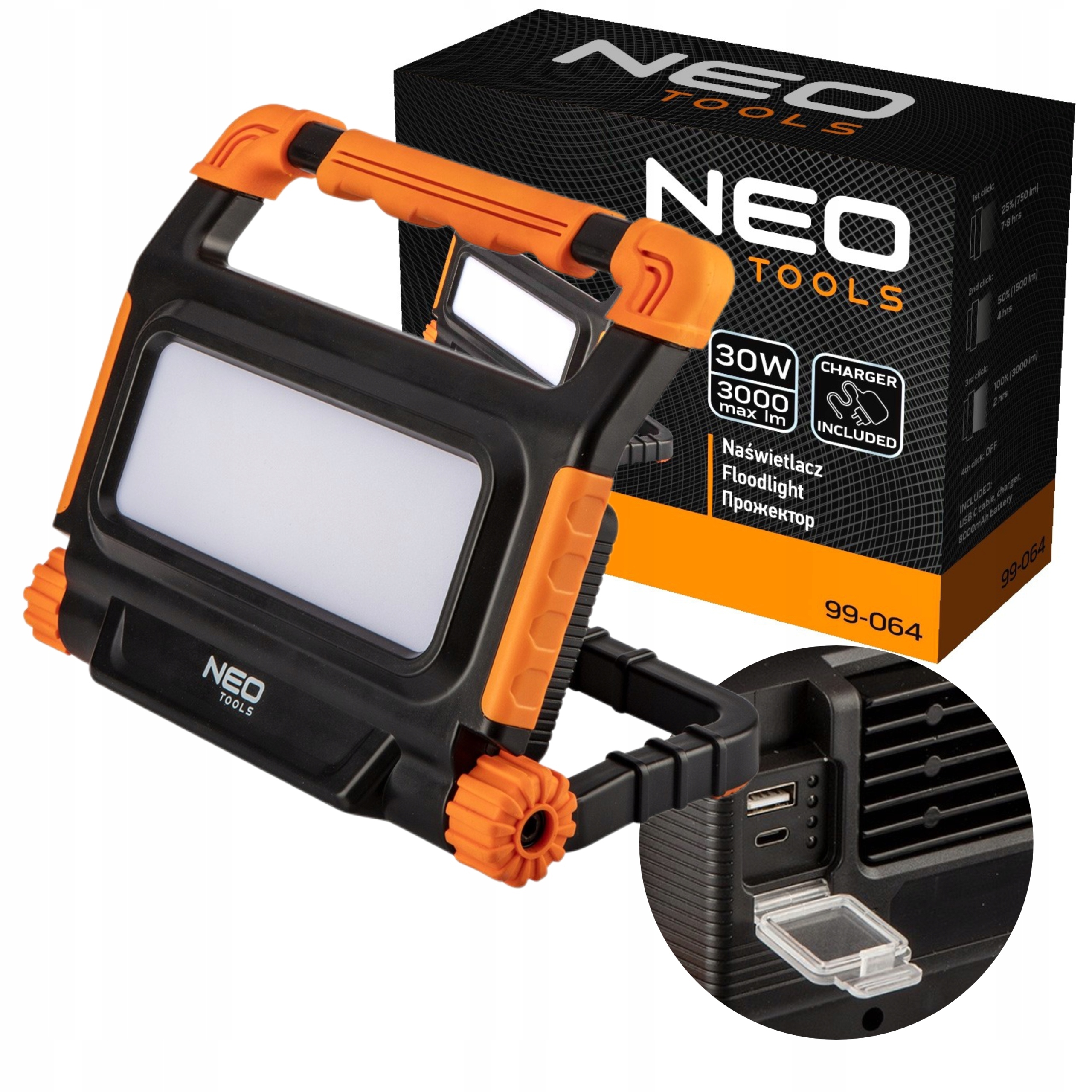 NEO TOOLS NAŚWIETLACZ AKUMULATOROWY REFLEKTOR 3000 LM SMD LED LAMPA 99-064