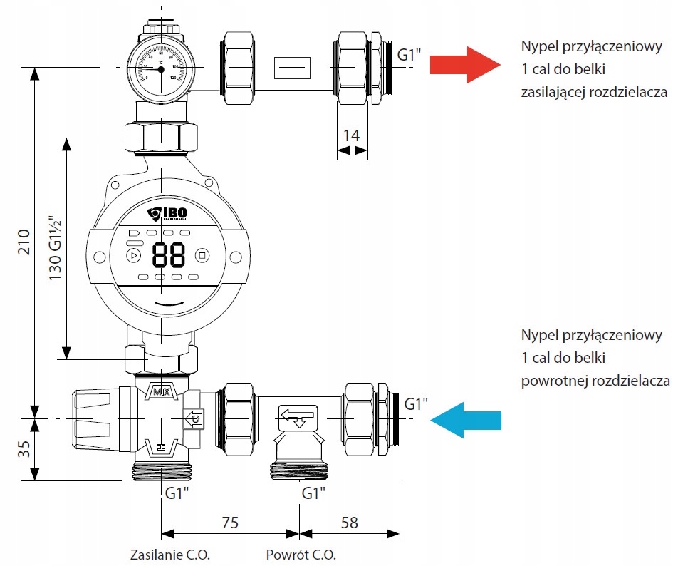 IBO GRUPA MIESZAJĄCA DO ROZDZIELACZA PODŁOGÓWKI BEZ POMPY MOSIĘŻNA GP MIX T