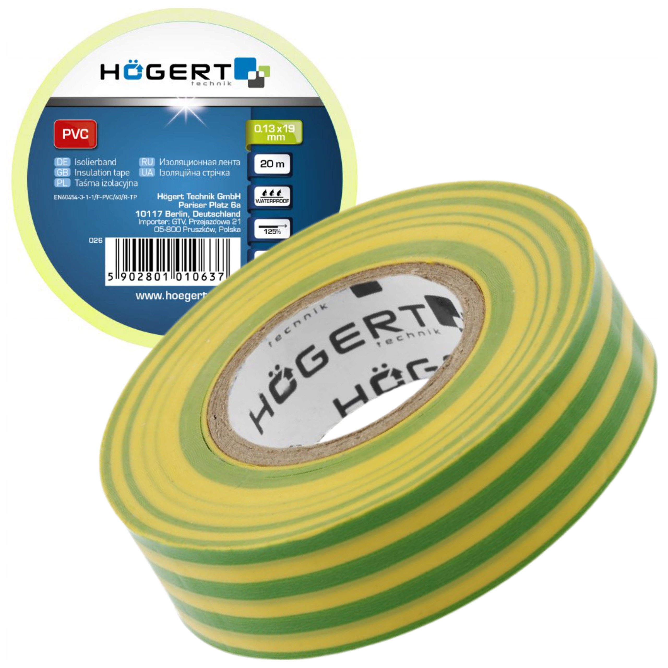 HOEGERT TAŚMA IZOLACYJNA PVC ŻÓŁTO-ZIELONA 0,13x19mm 20m HT1P286