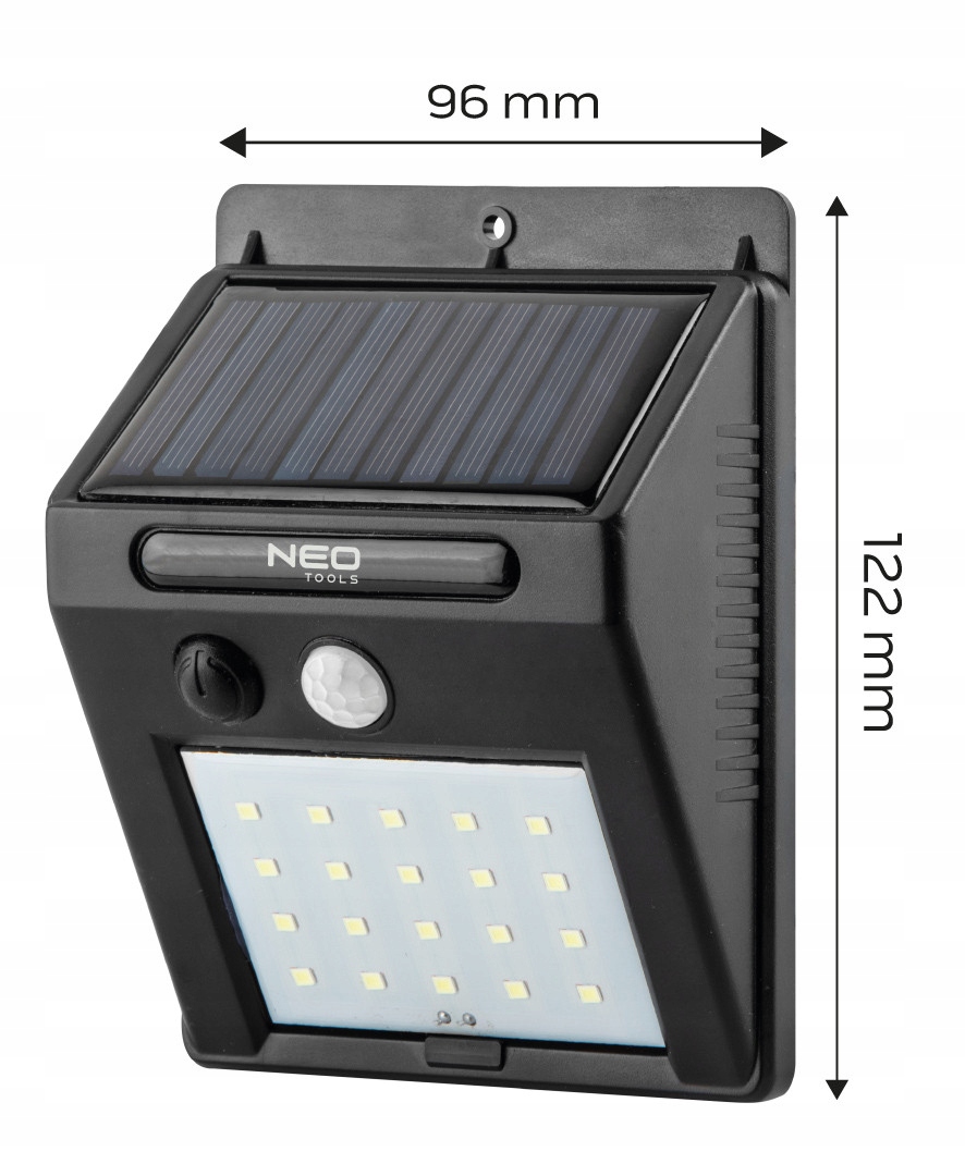 NEO LAMPA SOLARNA WISZĄCA ŚCIENNA 20SMD LED 250LM Z CZUJNIKIEM RUCHU 99-055