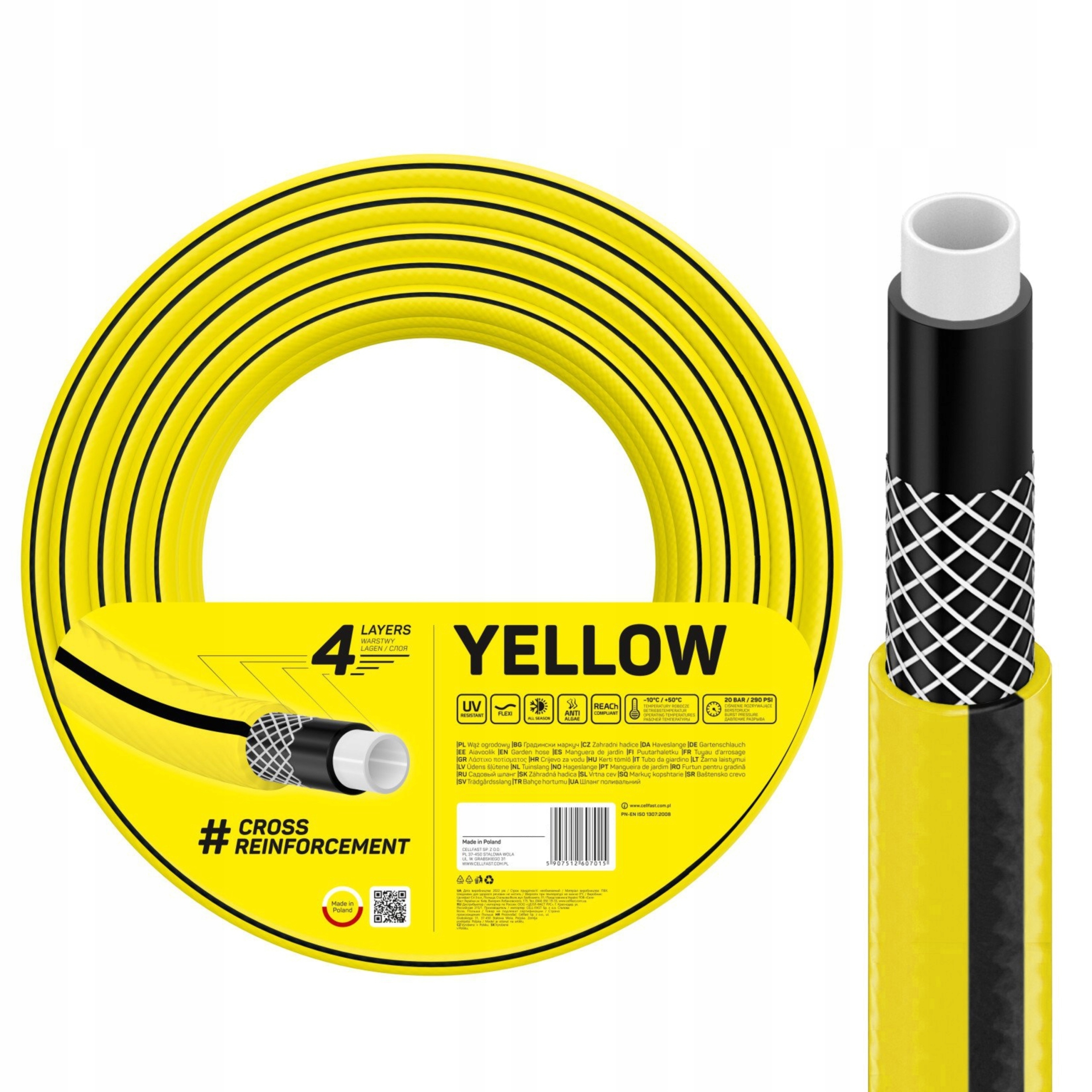 CELLFAST WĄŻ OGRODOWY YELLOW 4-WARSTWOWY 20 BAR 1/2'' 20M PRODUKT POLSKI