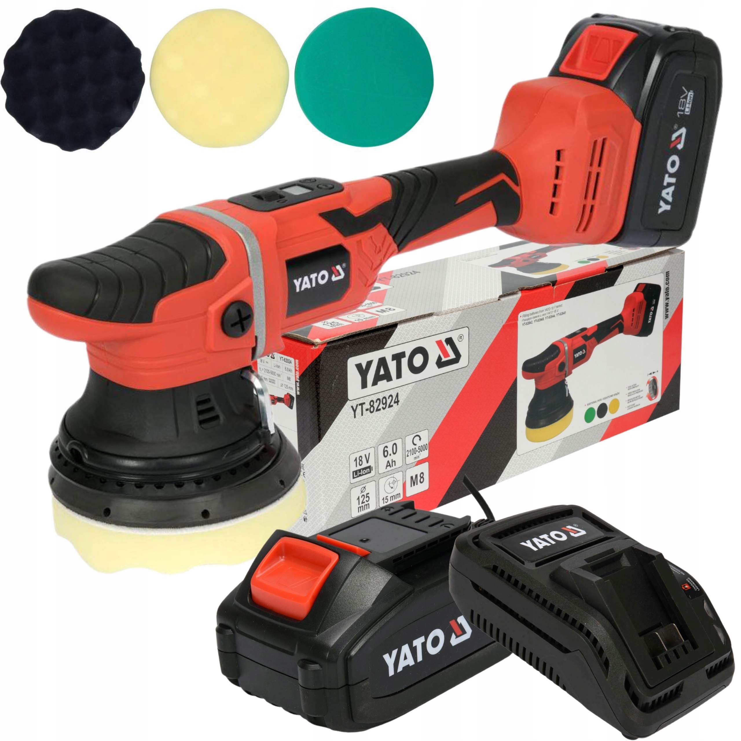 YATO POLERKA ORBITALNA AKUMULATOROWA 18V 125MM 4AH 3 GĄBKI YT-82924