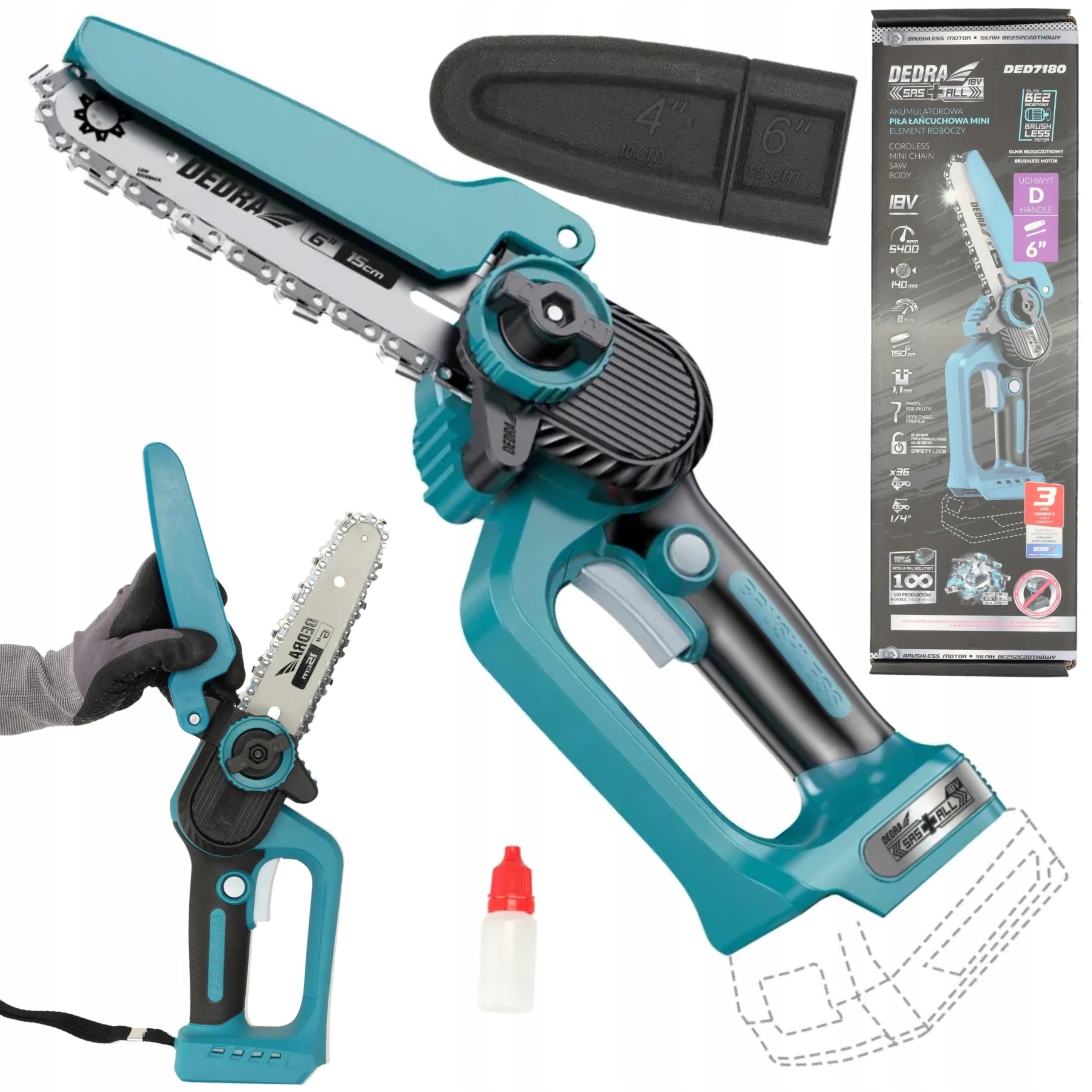 DEDRA PIŁA ŁAŃCUCHOWA 6" BEZSZCZOT MINI PILARKA AKUMULATOROWA 18V DED7180