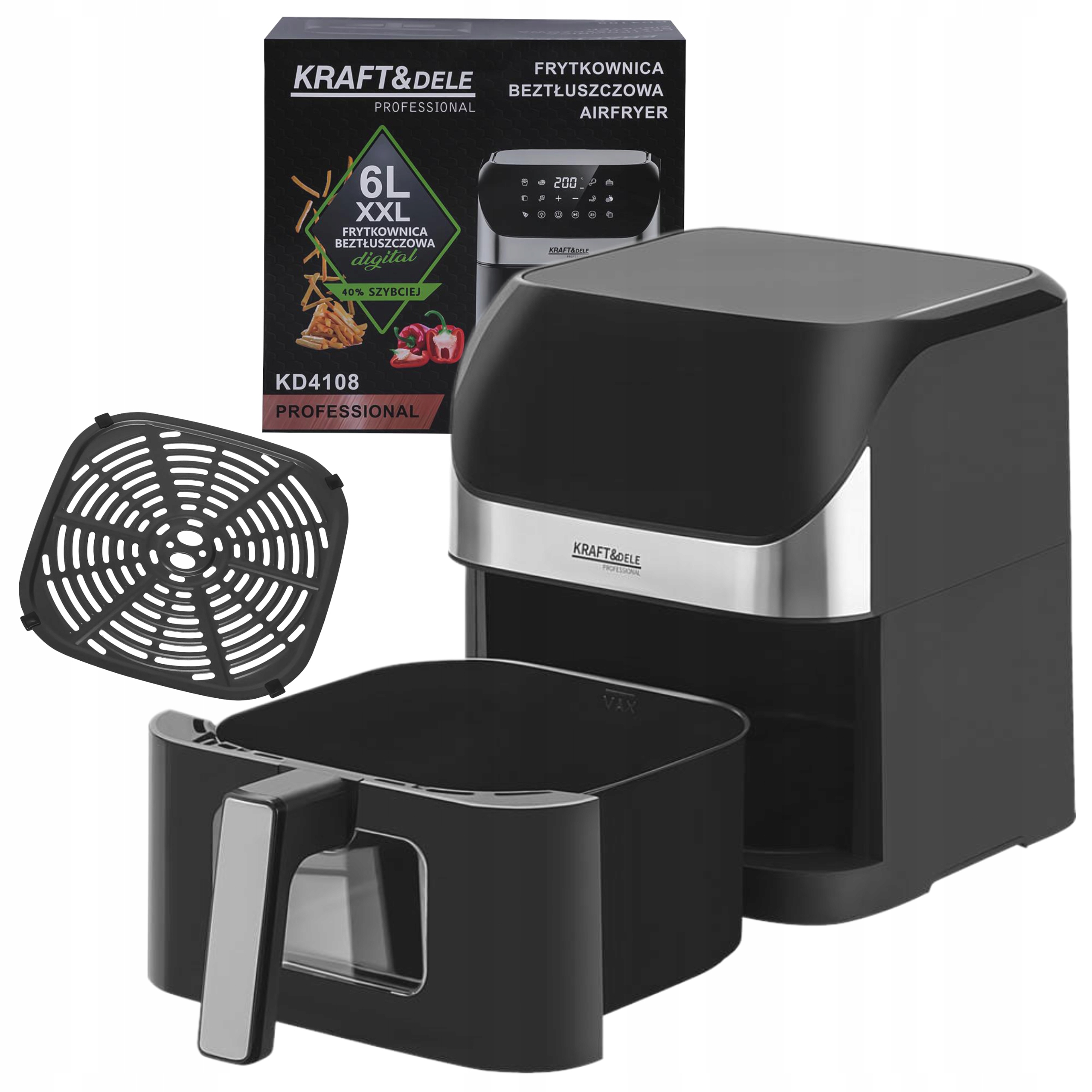 FRYTKOWNICA BEZTŁUSZCZOWA AIRFRYER 6L 2000W 80–200C LED DUŻY WSAD XXXL