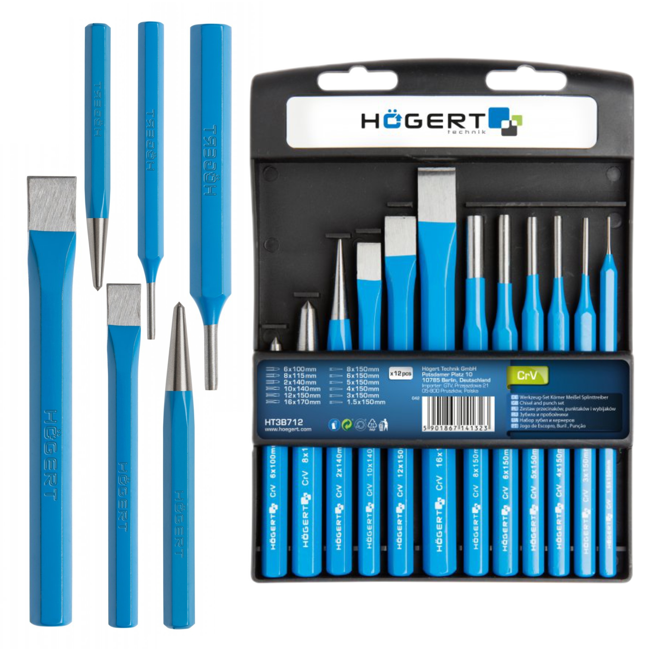 HOEGERT ZESTAW PRZECINAKÓW PUNKTAKÓW WYBIJAKÓW 12SZTUK HT3B712