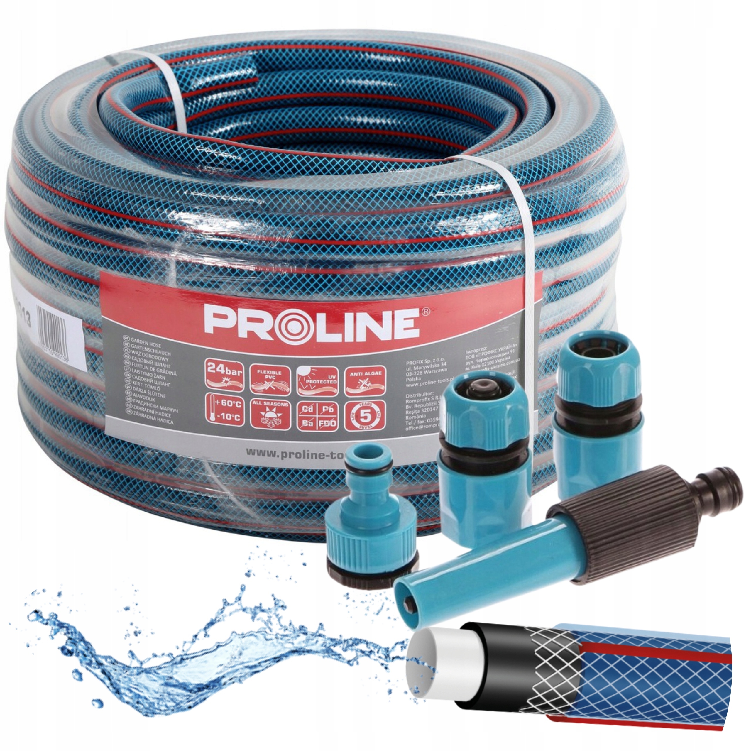 PROLINE WĄŻ OGRODOWY 4 WARSTWOWY 1/2" 50m 24 BAR ZŁĄCZKI ZRASZACZ POLSKI