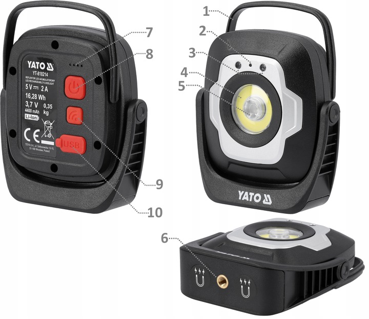 YATO REFLEKTOR PRZENOŚNY ROBOCZY AKUMULATOROWY LED 10W 1200LM CZUJNIK RUCHU