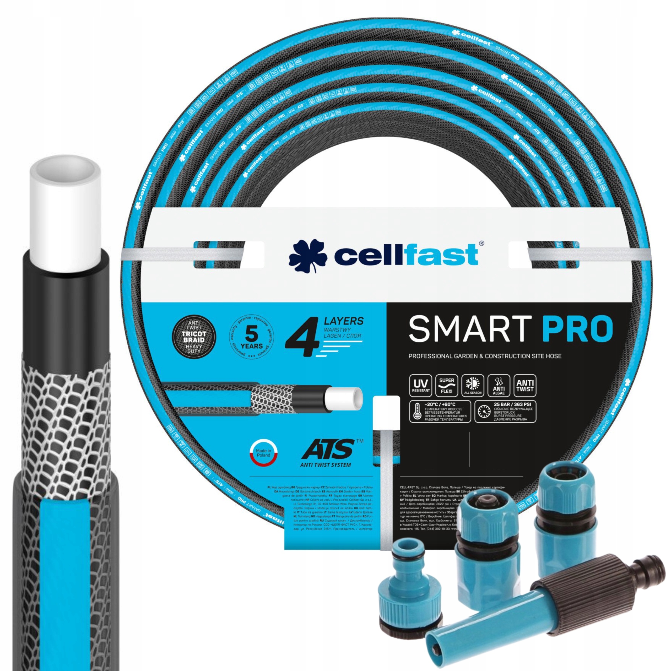 CELLFAST WĄŻ OGRODOWY NIE SKRĘCAJĄCY SIĘ SMART 4-WARSTWY 3/4" 20m +ZRASZACZ