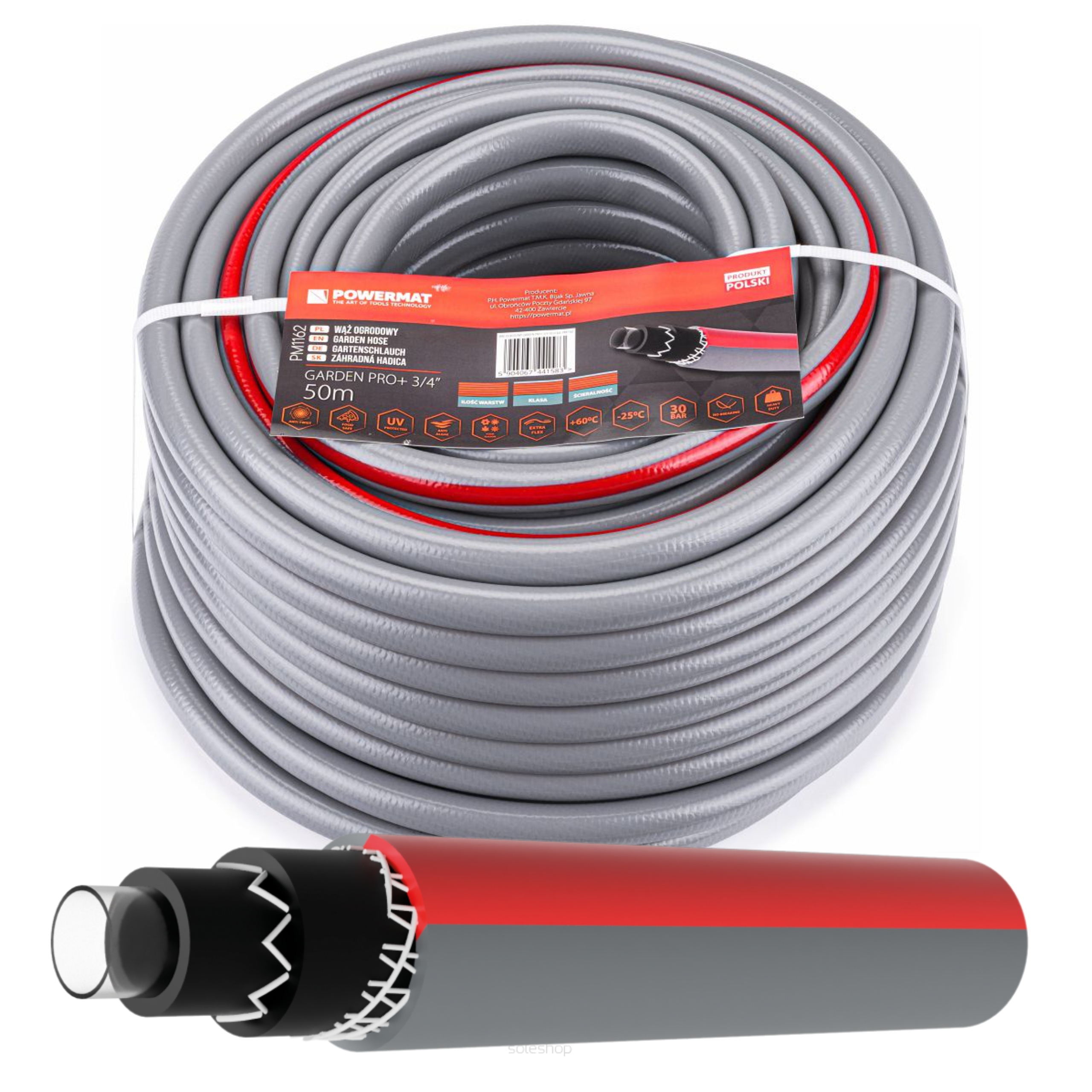 WĄŻ OGRODOWY ZBROJONY 6-WARSTWOWY 30BAR 3/4'' 50M DO WODY PRODUKT POLSKI