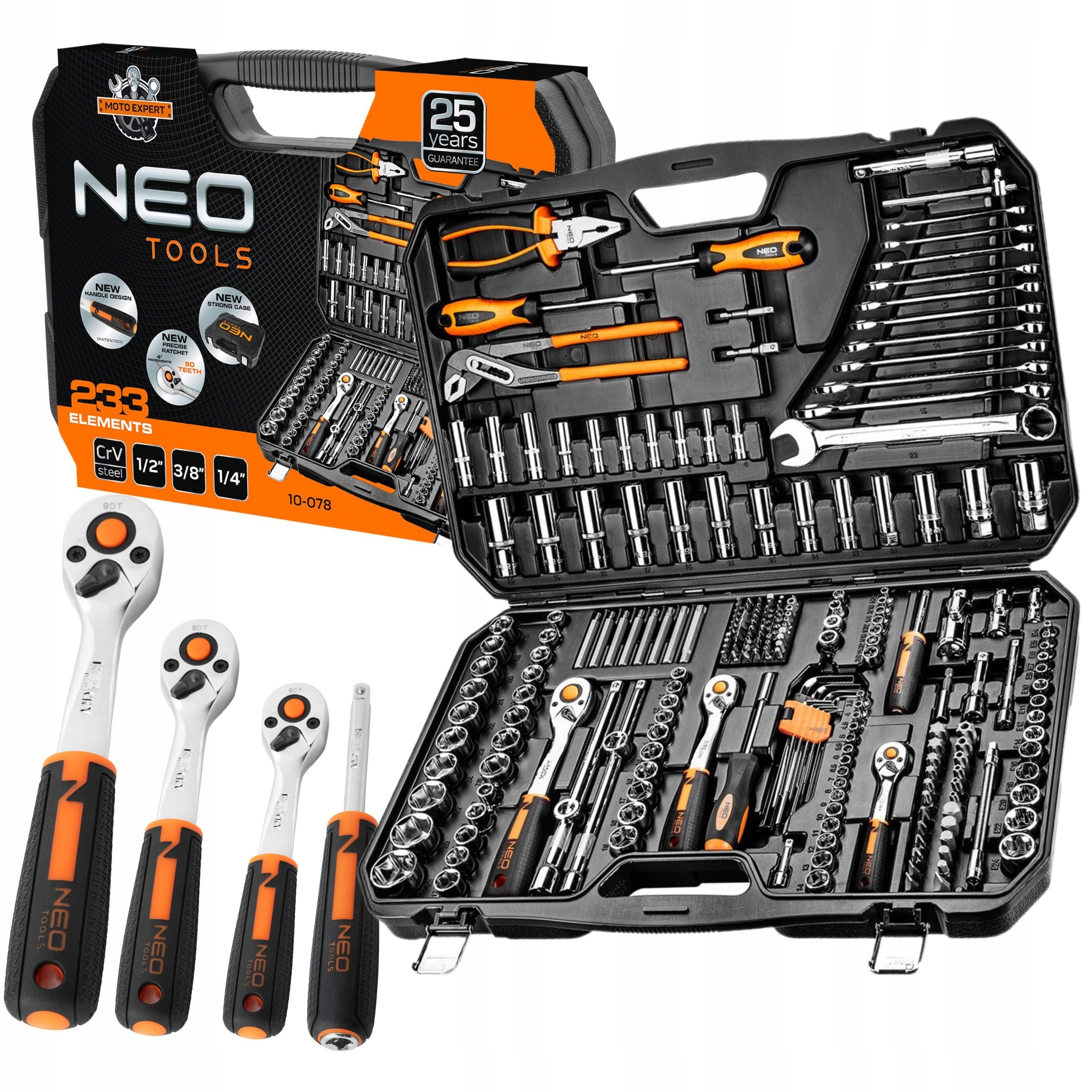 NEO ZESTAW KLUCZE NASADOWE 1/2 3/8 1/4 233 szt. 3 GRZECHOTKI WALIZKA 10-078