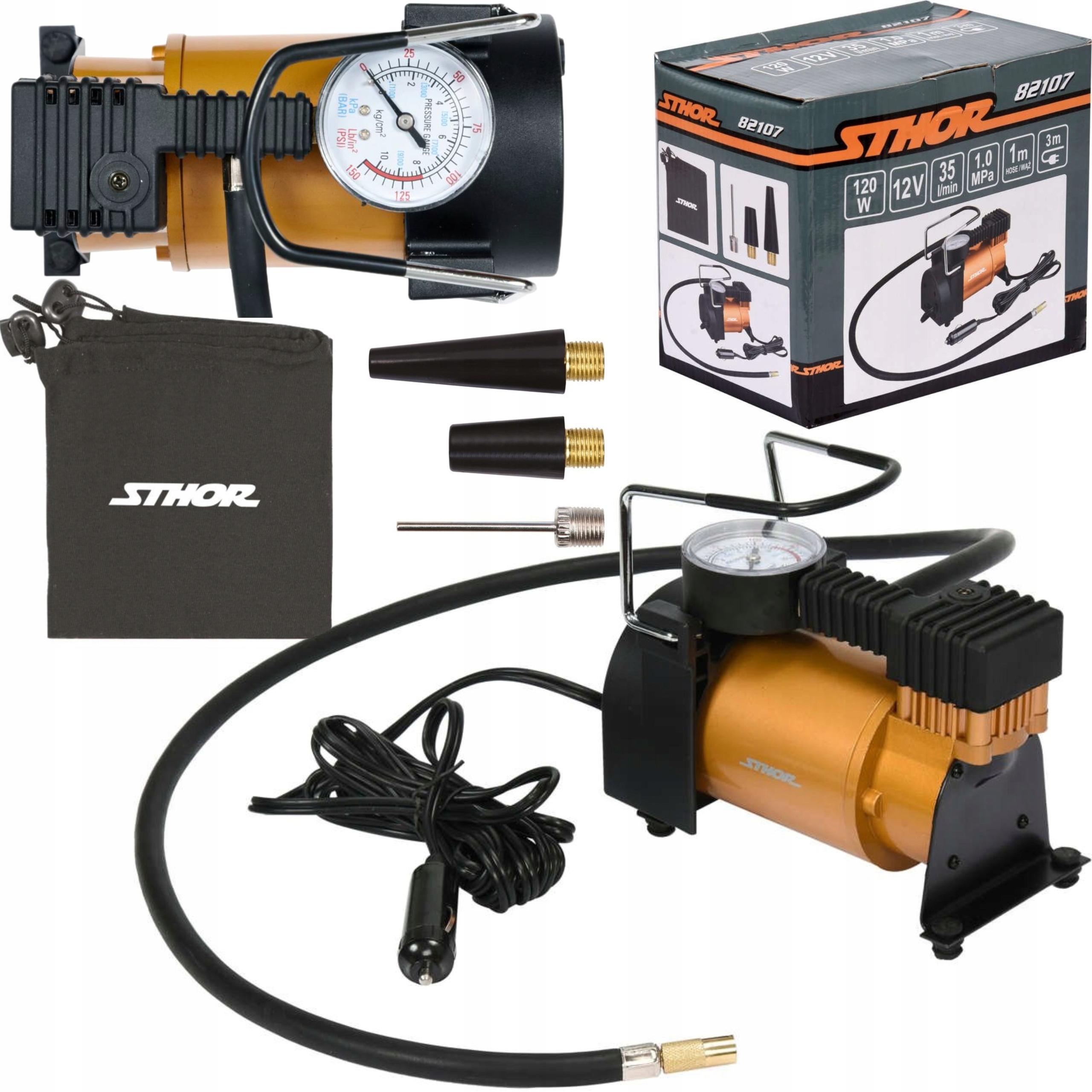 KOMPRESOR SAMOCHODOWY 12V POMPKA 120W + 3 KOŃCÓWKI Sthor 82107