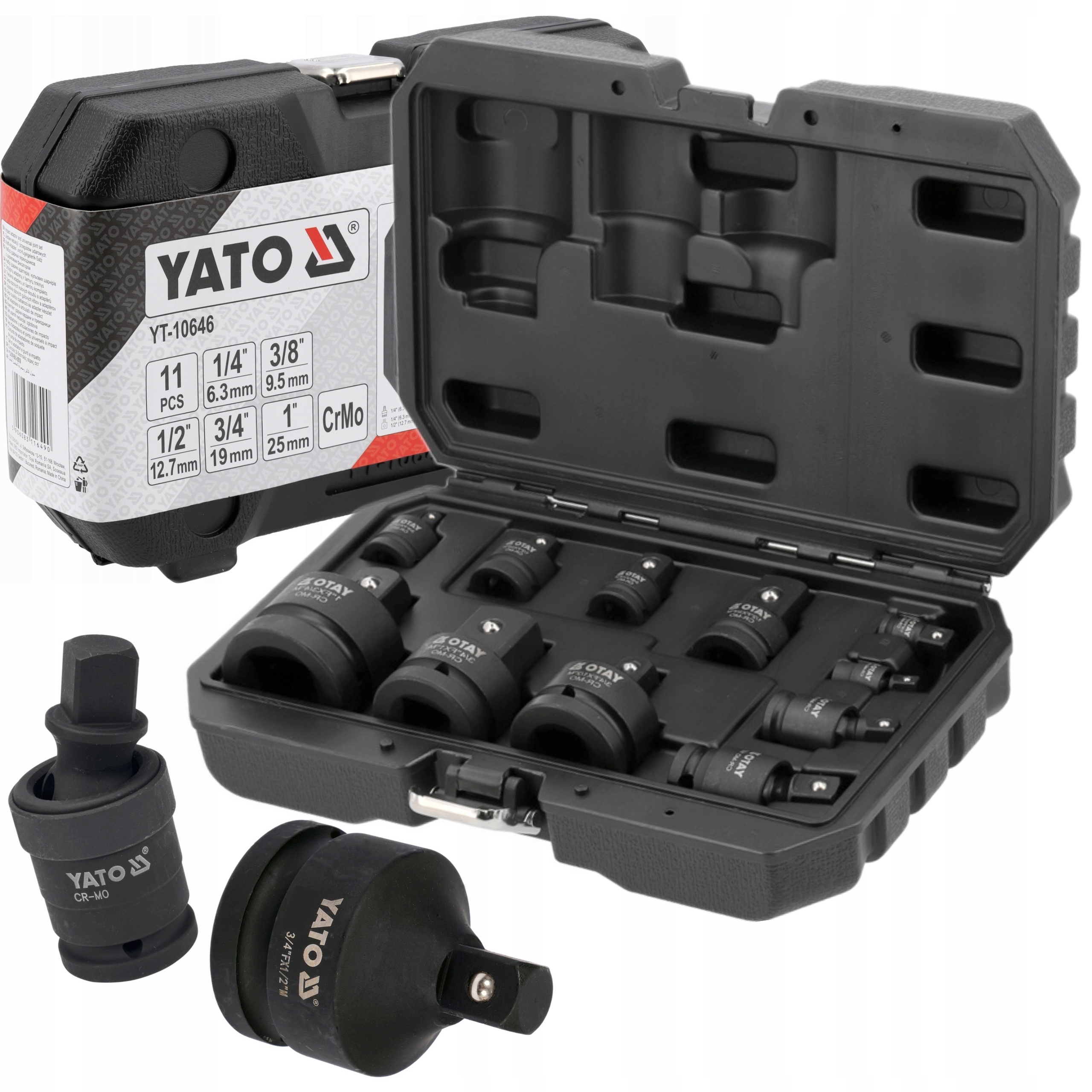 YATO ZESTAW 11EL. REDUKCJE I PRZEGUBY UDAROWE 1/4" 3/8" 1/2" CrMo YT-10646